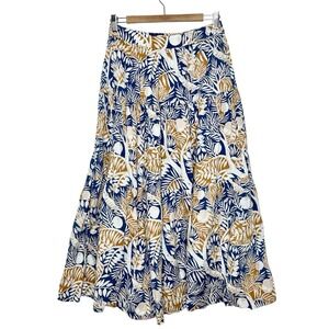 Staud Tiered Sea Midi Skirt Womens 8 Ruffled Blue Tan Nature Tree Print Cotton